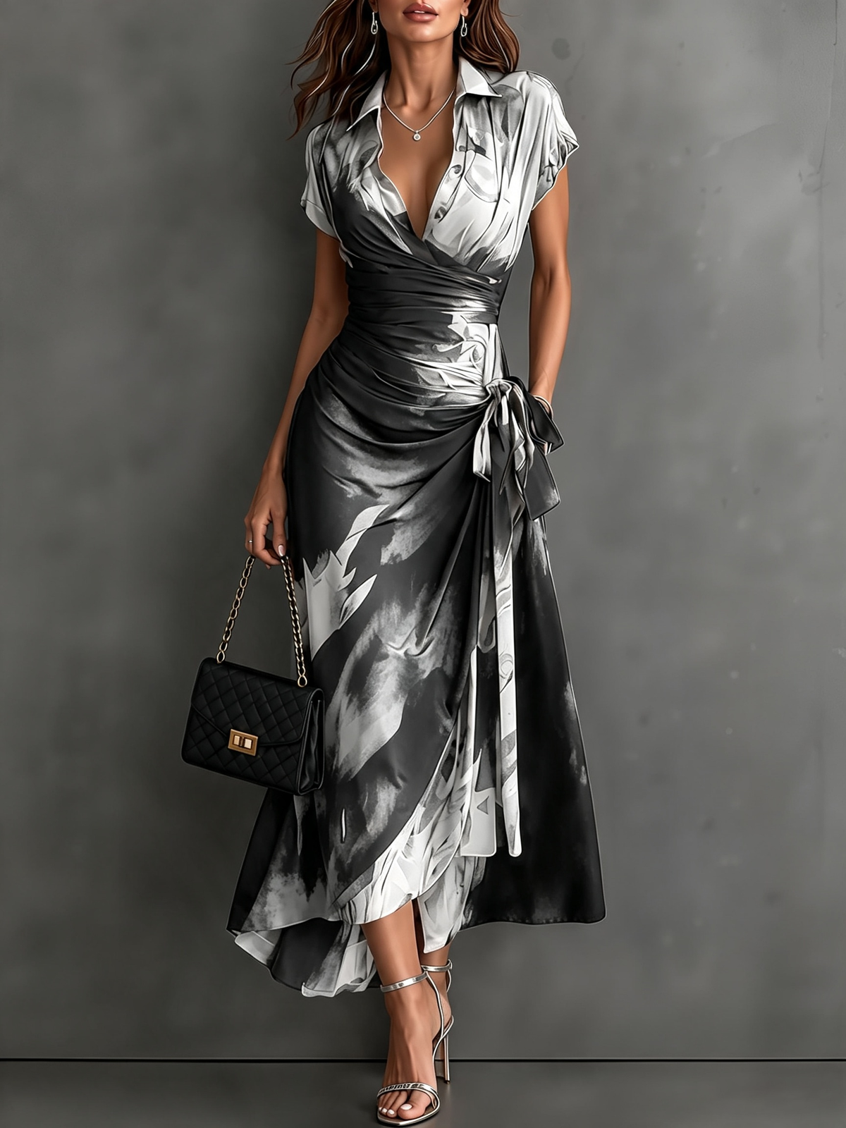 Vestido midi cruzado con estampado abstracto blanco, escote en V, manga corta, cintura anudada y bajo asimétrico con volante