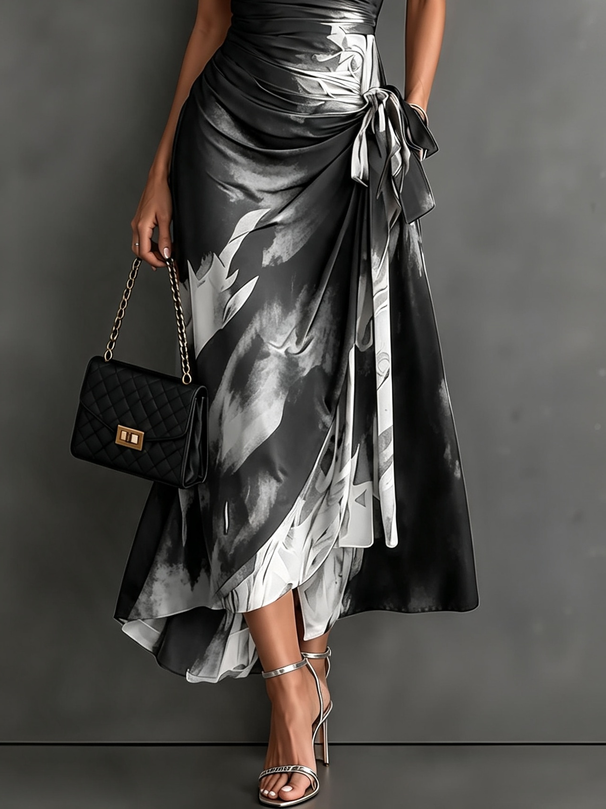 Vestido midi cruzado con estampado abstracto blanco, escote en V, manga corta, cintura anudada y bajo asimétrico con volante