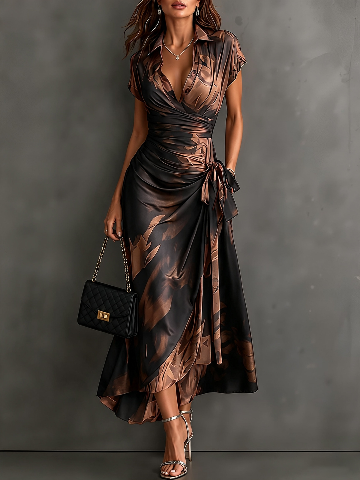 Vestido midi cruzado con estampado abstracto rojo y negro, escote en V, manga corta, cintura anudada y bajo asimétrico con volante