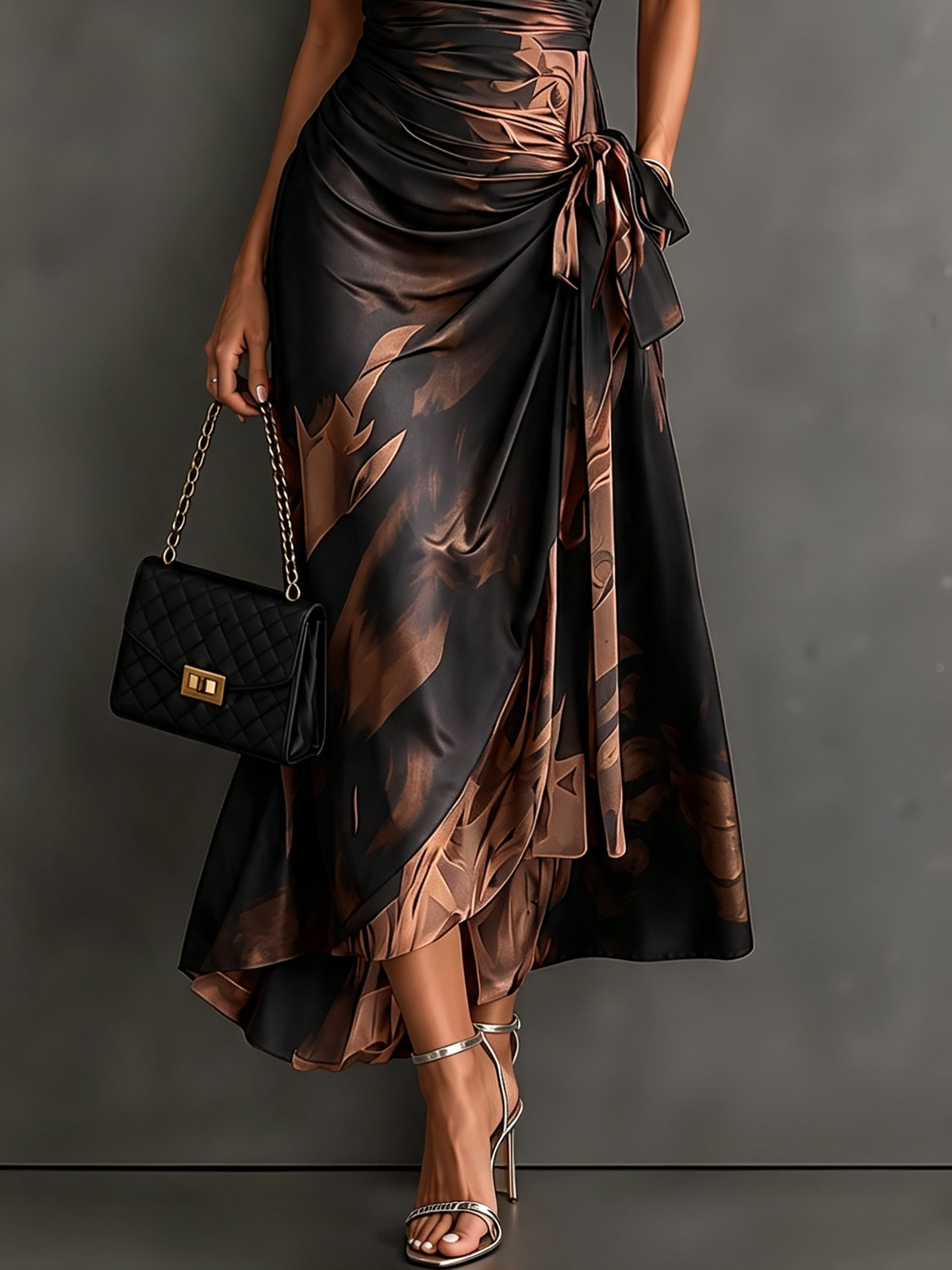 Vestido midi cruzado con estampado abstracto marrón, escote en V, manga corta, cintura anudada y bajo asimétrico con volante