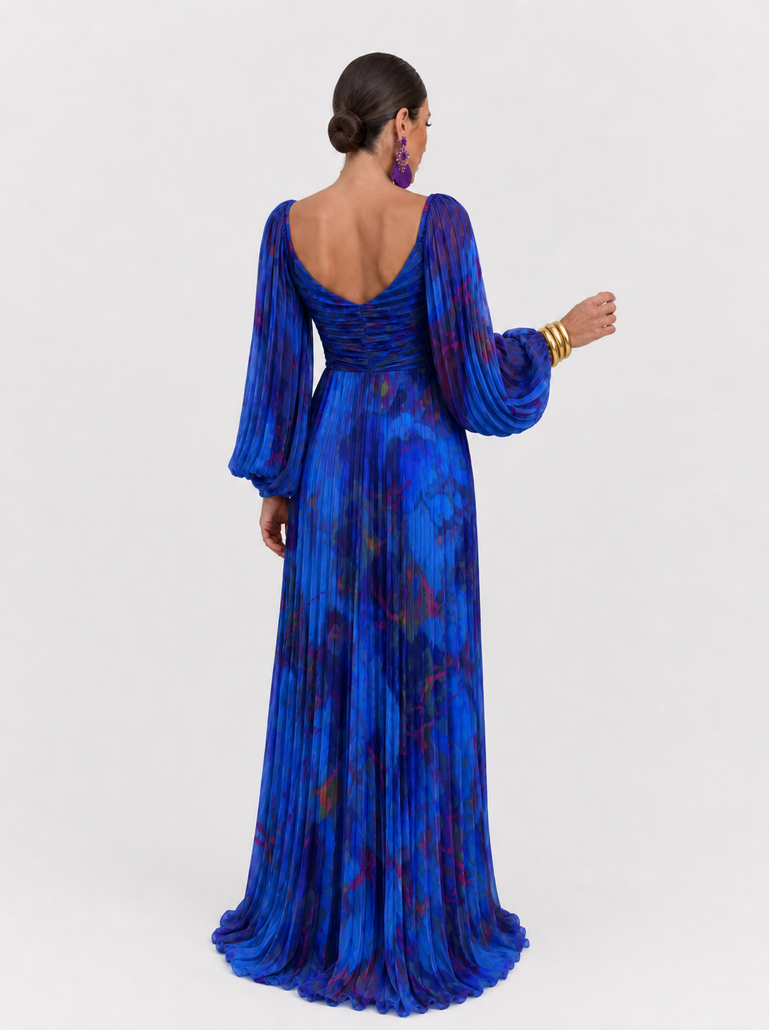 Gregoria™ | Abito Lungo Blu Floreale con Scollo Profondo