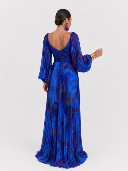 Gregoria™ | Abito Lungo Blu Floreale con Scollo Profondo