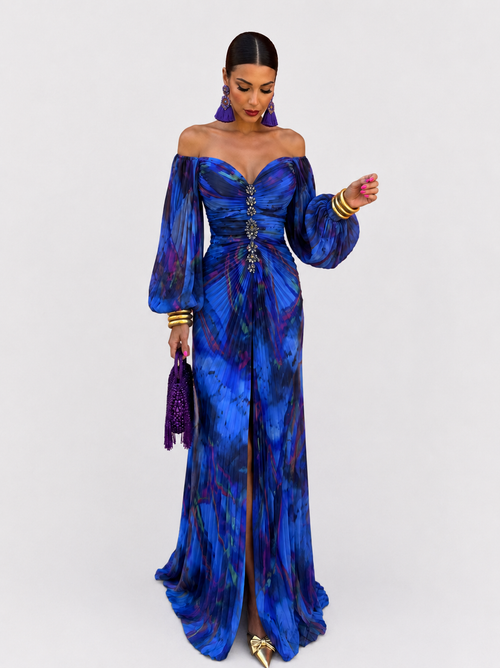 Gregoria™ | Abito Lungo Blu Floreale con Scollo Profondo