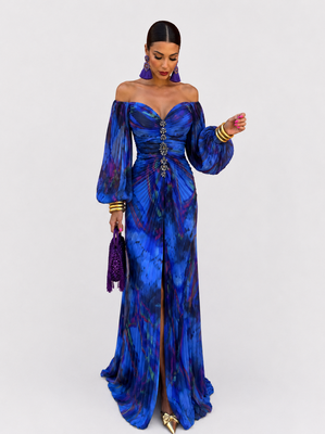 Gregoria™ | Abito Lungo Blu Floreale con Scollo Profondo