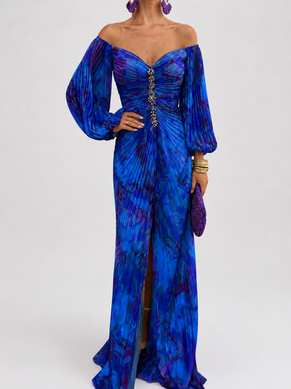 Gregoria™ | Abito Lungo Blu Floreale con Scollo Profondo