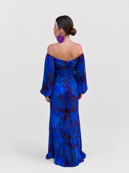 Gregoria™ | Abito Lungo Blu Floreale con Scollo Profondo