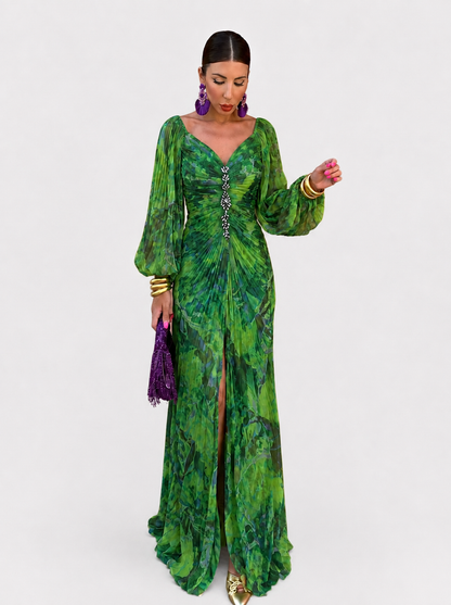 Gregoria™ | Abito Lungo Verde Floreale con Scollo Profondo