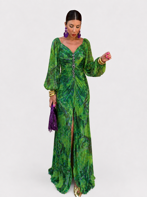 Gregoria™ | Abito Lungo Verde Floreale con Scollo Profondo