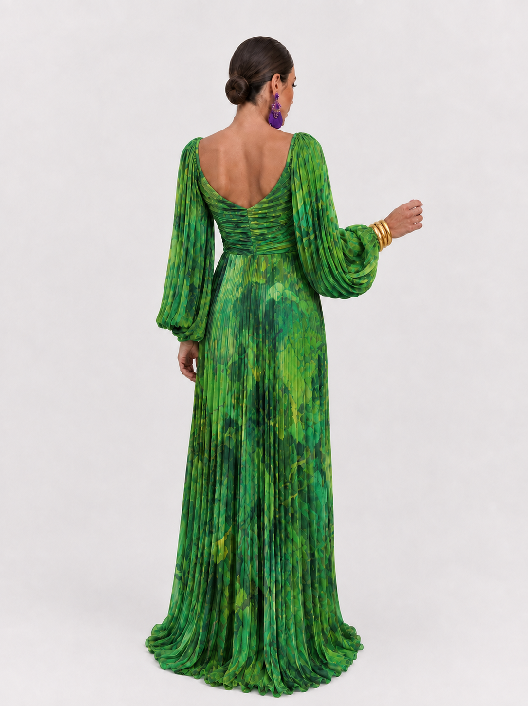 Gregoria™ | Abito Lungo Verde Floreale con Scollo Profondo