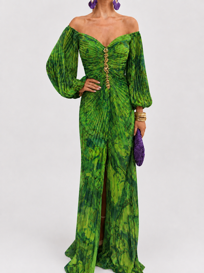 Gregoria™ | Abito Lungo Verde Floreale con Scollo Profondo
