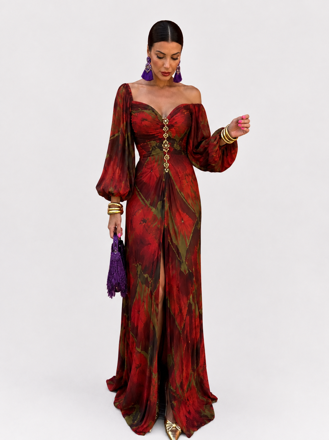 Gregoria™ | Abito Lungo Rosso Floreale con Scollo Profondo