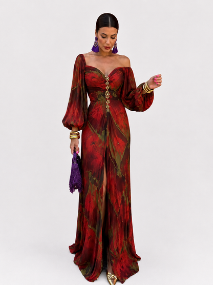 Gregoria™ | Abito Lungo Rosso Floreale con Scollo Profondo