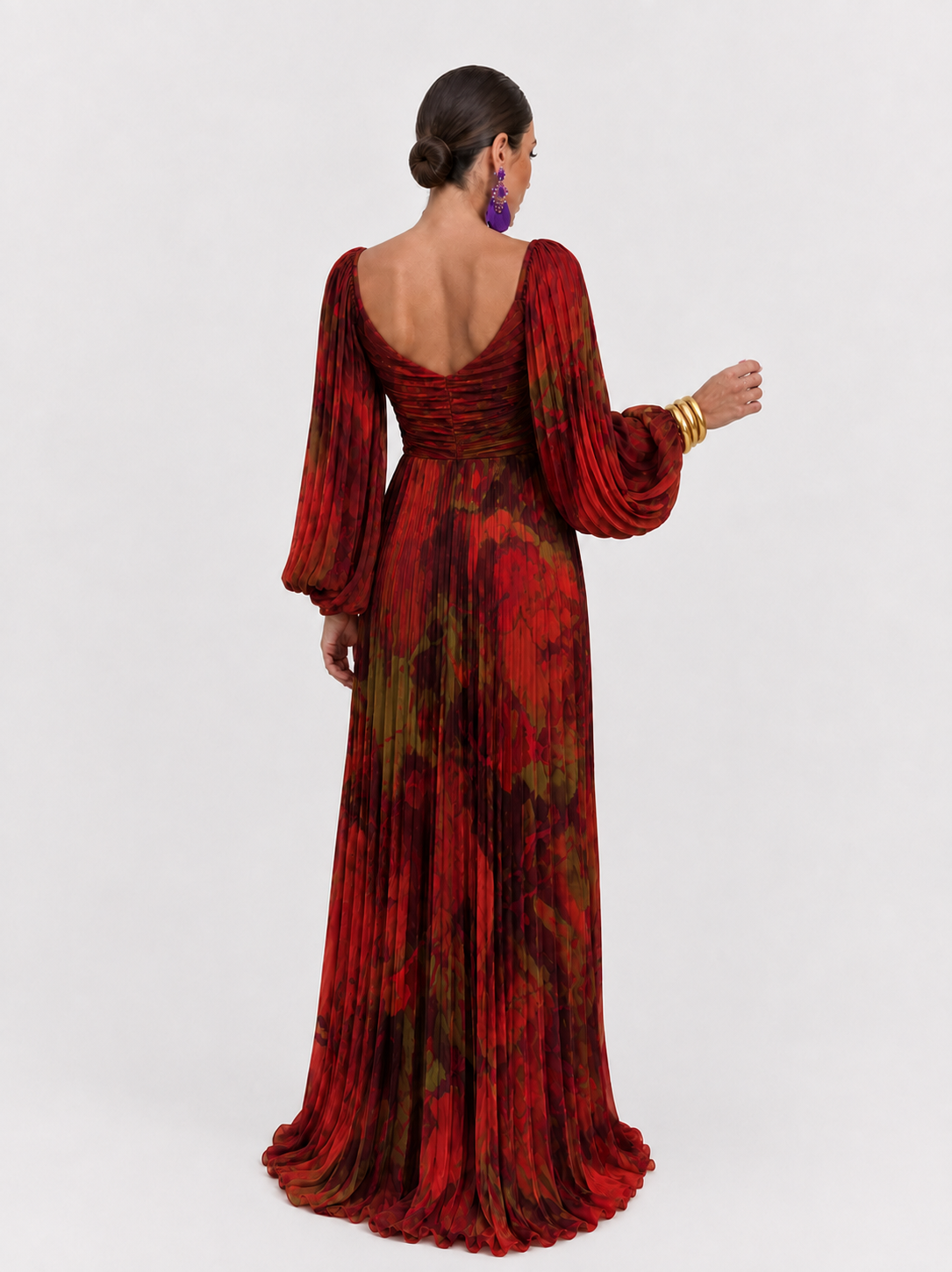 Gregoria™ | Abito Lungo Rosso Floreale con Scollo Profondo