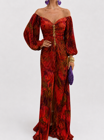 Gregoria™ | Abito Lungo Rosso Floreale con Scollo Profondo