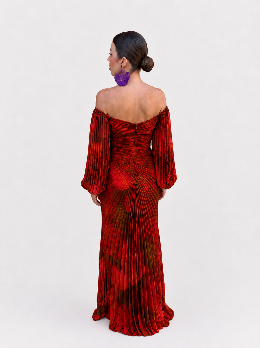 Gregoria™ | Abito Lungo Rosso Floreale con Scollo Profondo