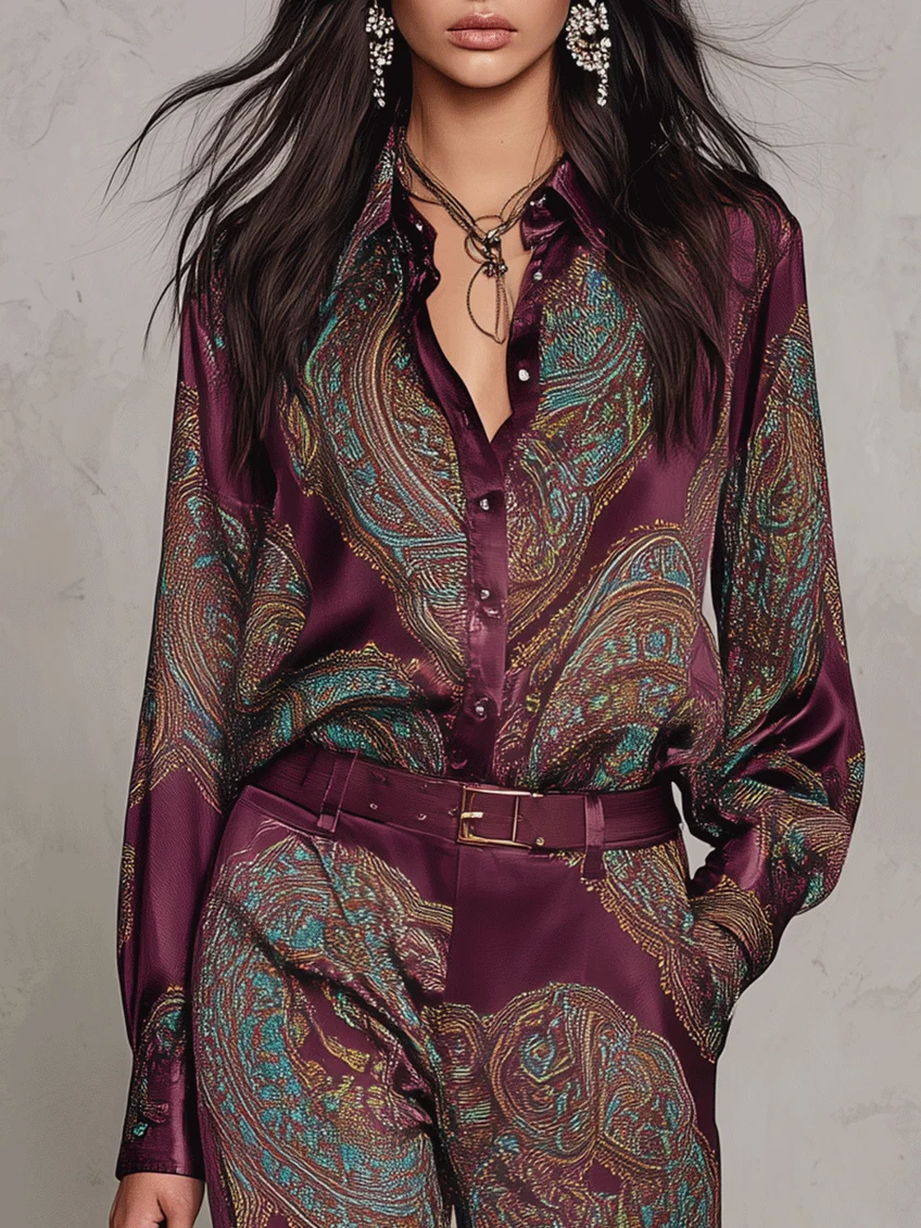 Doriana | Conjunto de camisa de manga larga satinada con estampado paisley burdeos-púrpura y pantalón de pierna ancha