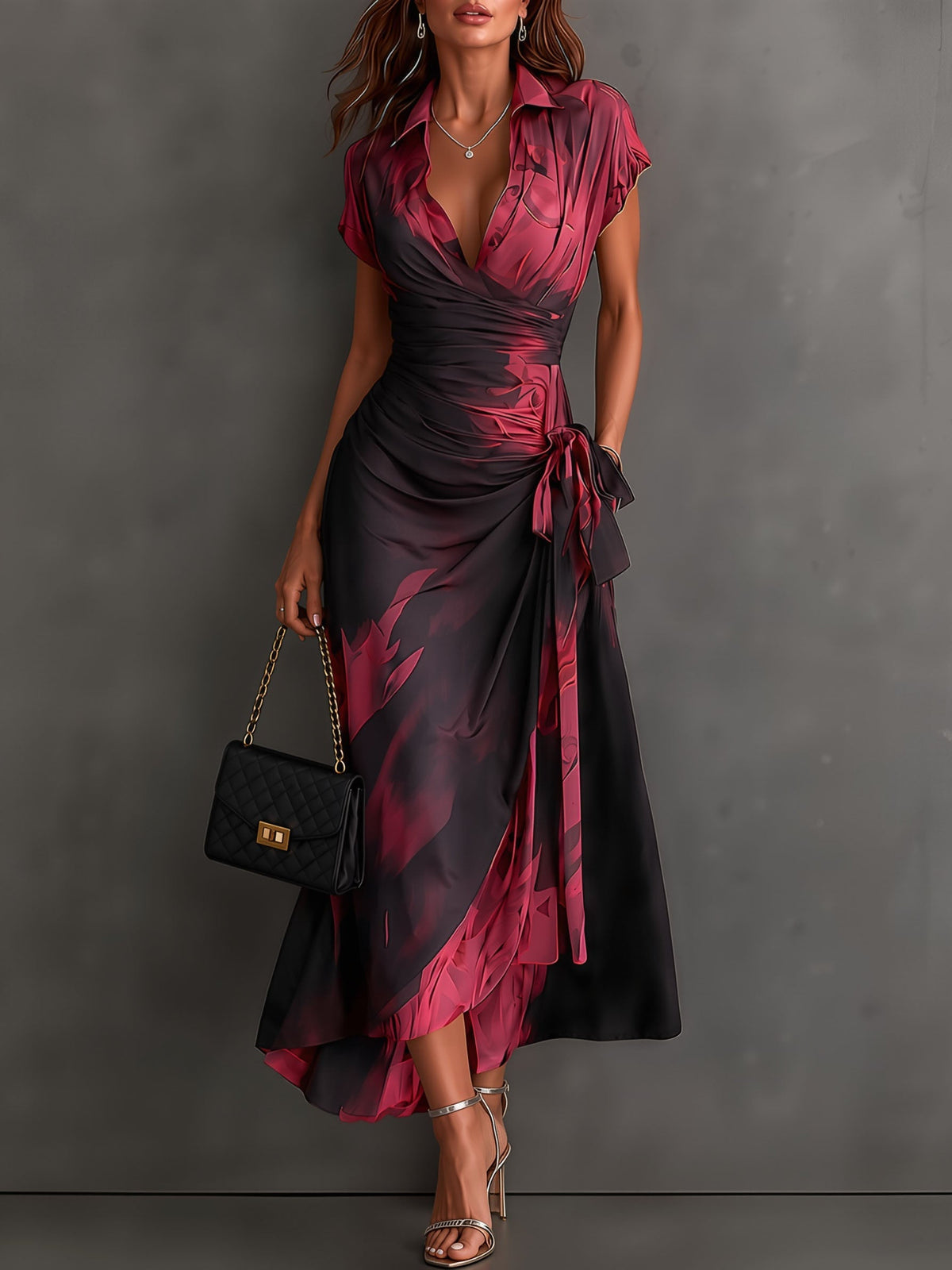 Vestido midi cruzado con estampado abstracto rojo y negro, escote en V, manga corta, cintura anudada y bajo asimétrico con volante